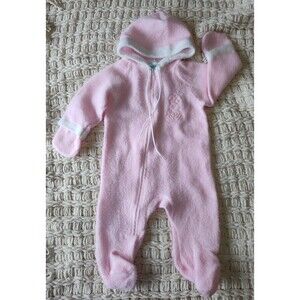Vintage Carters One Piece Pink Bodysuit Baby Size Small Footed Hood Bunny Fuzzy